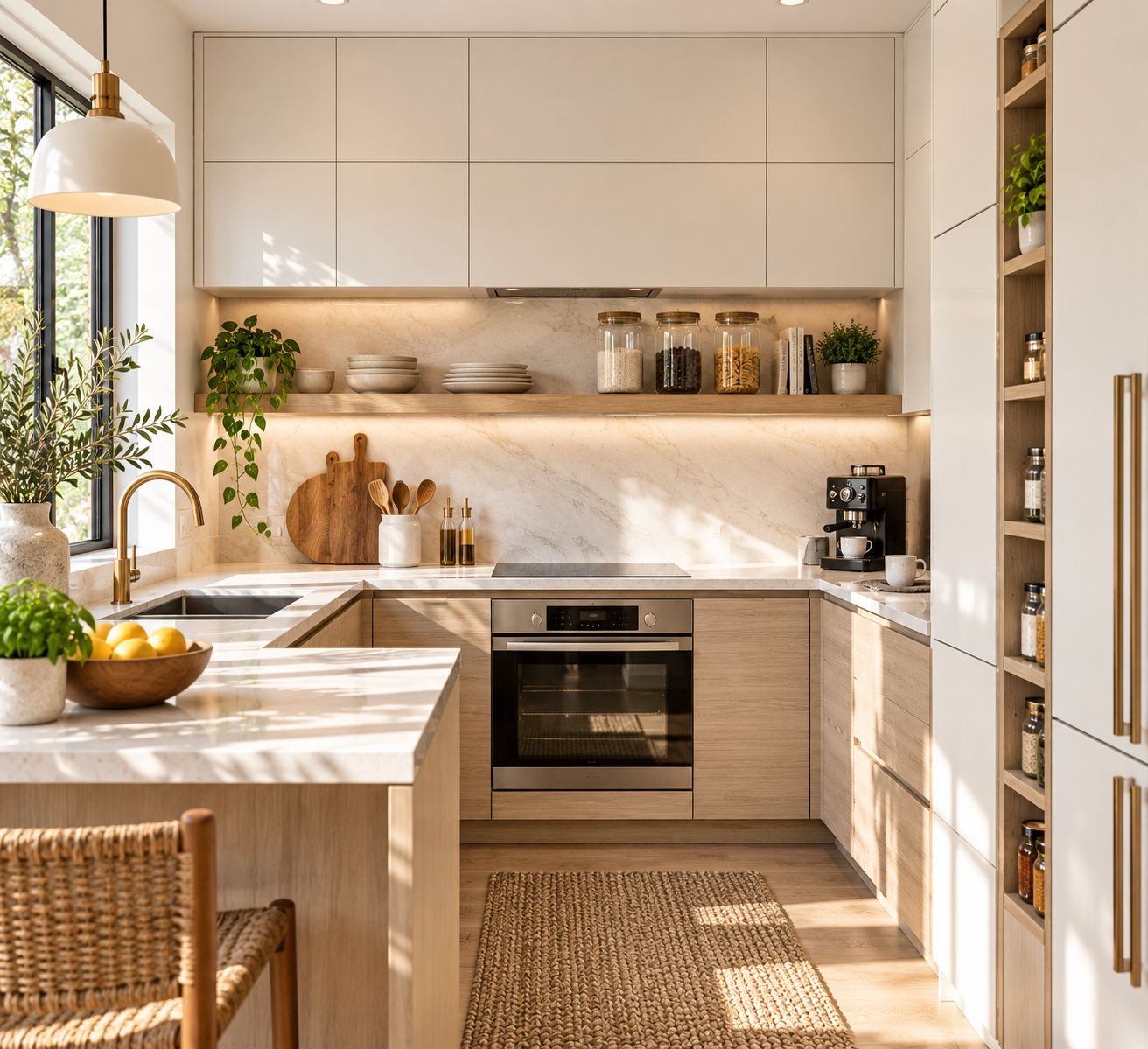 A wide horizontal view of a warm modern U-shaped kitchen featuring light wood lower cabinets, integrated open shelving, a jute runner rug, and a clear layout flow under soft morning light.