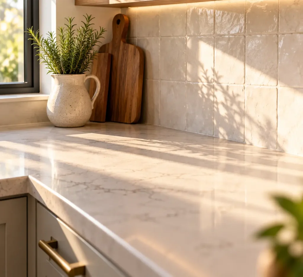 A sunlit corner of an empty white marble kitchen countertop demonstrating deliberate negative space, backed by a warm gloss zellige tile backsplash and a single ceramic pitcher of fresh rosemary.