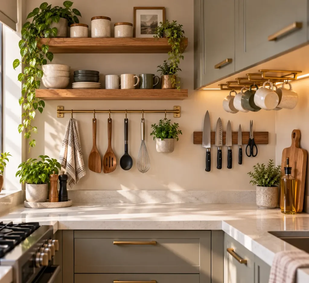 A kitchen wall setup featuring open oak shelves holding dishes, paired with a wall-mounted brass rail for cooking spoons and a magnetic walnut block strip holding kitchen knives.