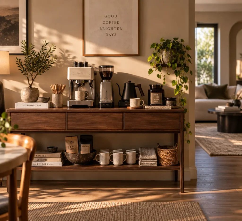 A wide-angle view of a walnut console table styled as a coffee bar, featuring an espresso machine, grinder, and plants on top, with neatly stacked mugs, rolled napkins, and design books on the lower open shelf.