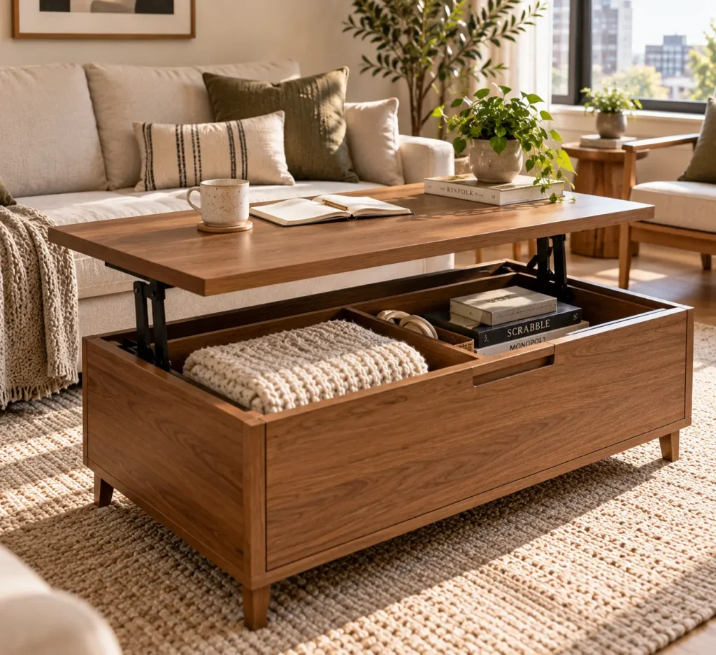 A multi-functional warm oak lift-top coffee table in a modern living room, extended upward to reveal interior storage compartments holding a knit throw blanket, games, and books.