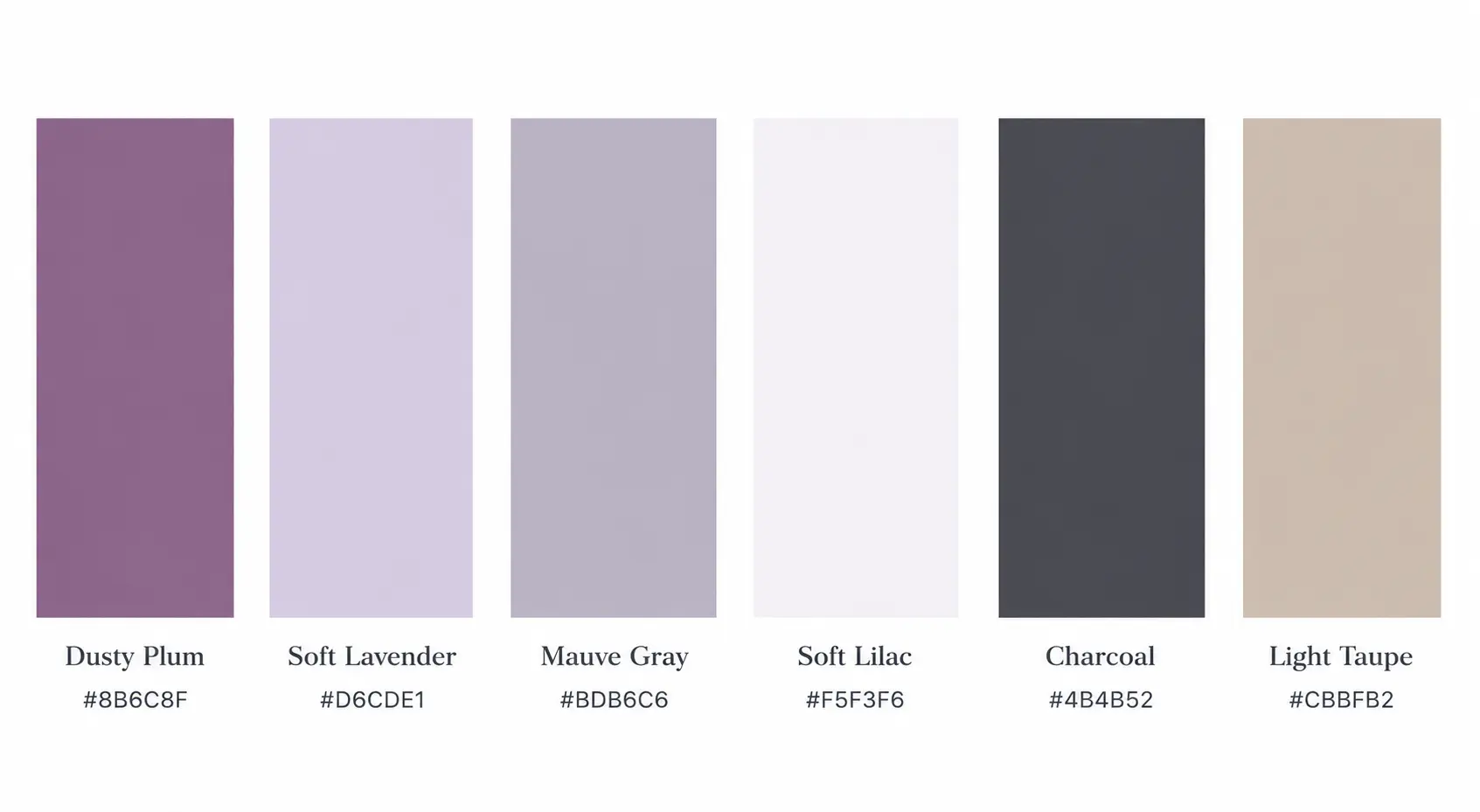 Soft Modern Luxe interior color scheme featuring paint swatches for Dusty Plum, Soft Lavender, Mauve Gray, Soft Lilac, Charcoal, and Light Taupe with hex codes.