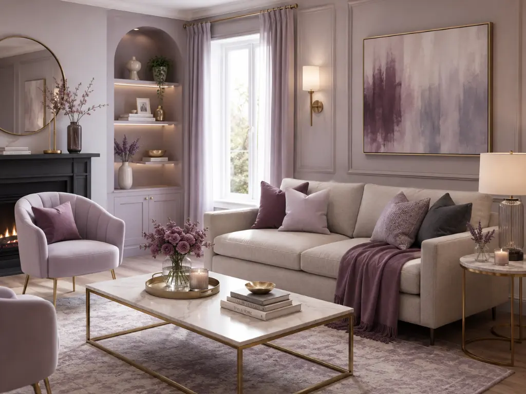 A soft modern luxe living room featuring light purple paneled walls, a beige fabric sofa dressed with plum pillows, matching lavender drapery, and a classic marble top coffee table with gold legs.