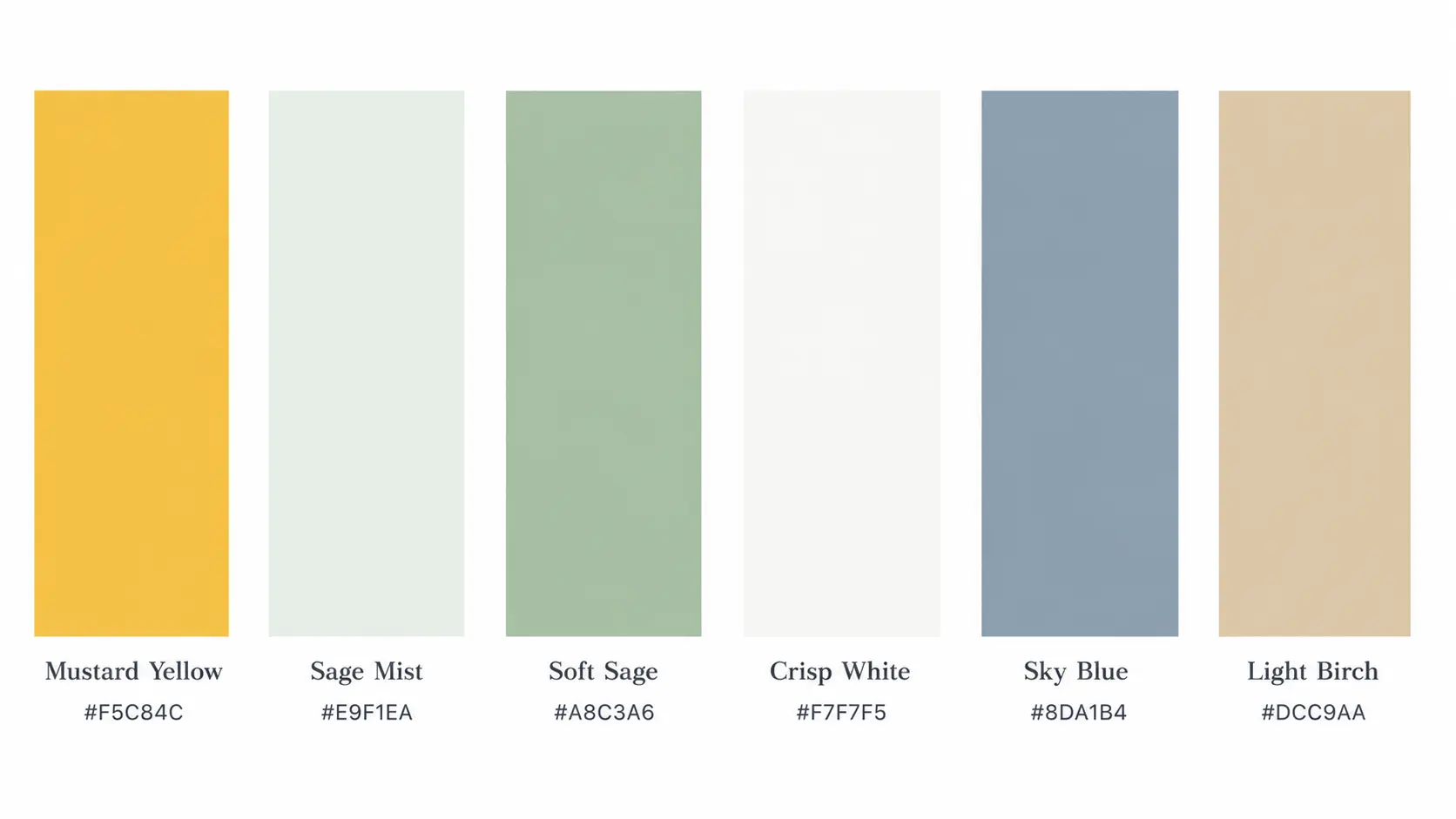 Sunny Scandinavian light interior design palette featuring Mustard Yellow, Sage Mist, Soft Sage, Crisp White, Sky Blue, and Light Birch colors.