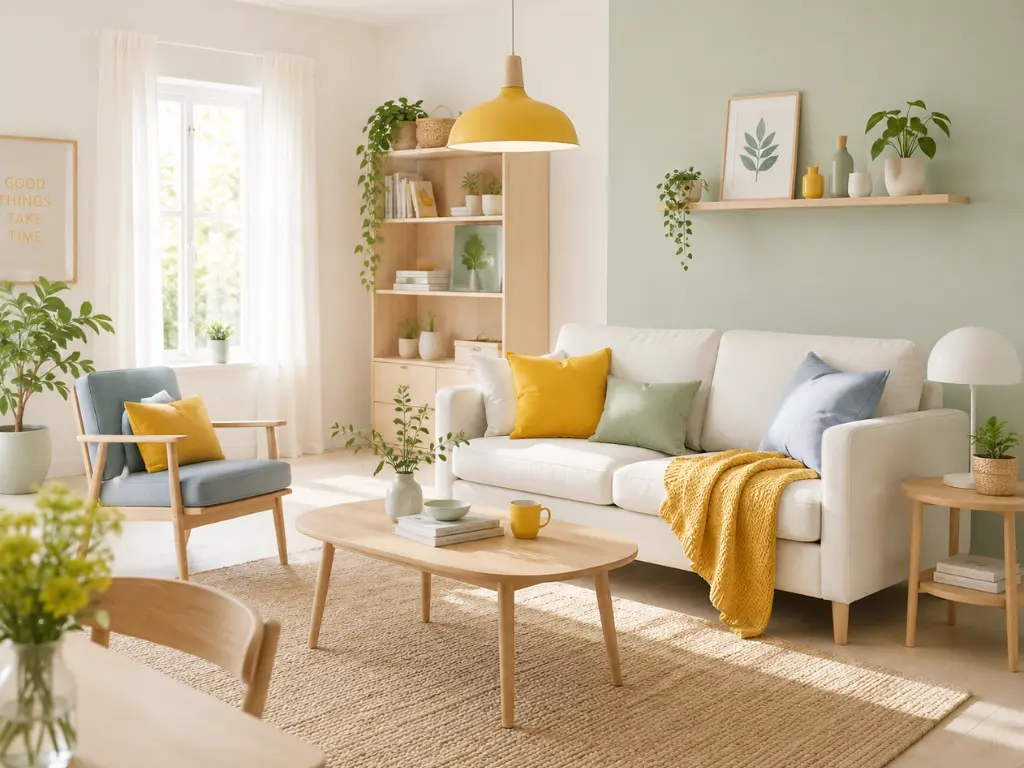 A bright sunny Scandinavian living room featuring a pale sage green accent wall, a clean white sofa with mustard yellow accent pillows, light birch wood furniture, and a matching yellow pendant light.