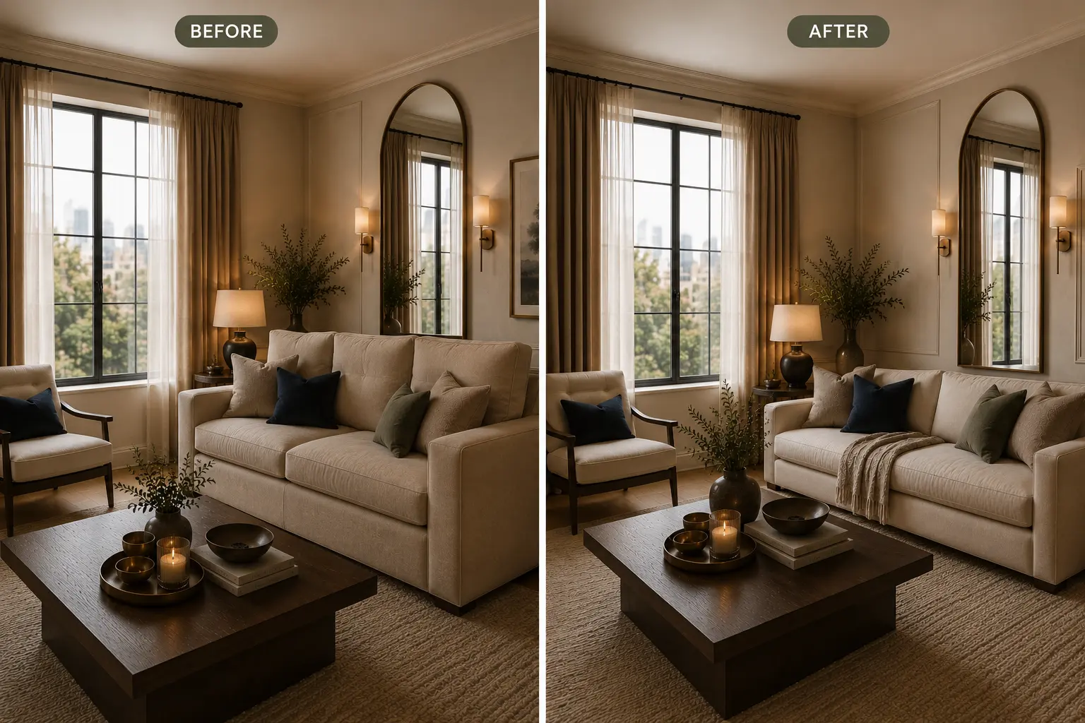 Before and after comparison showing a sofa cluttered with heavy dark pillows changed to sleek, minimalist styling with a light textured throw blanket.