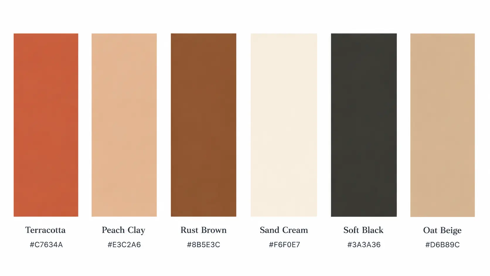 Terracotta Modern home interior color palette showing paint swatches for Terracotta, Peach Clay, Rust Brown, Sand Cream, Soft Black, and Oat Beige.