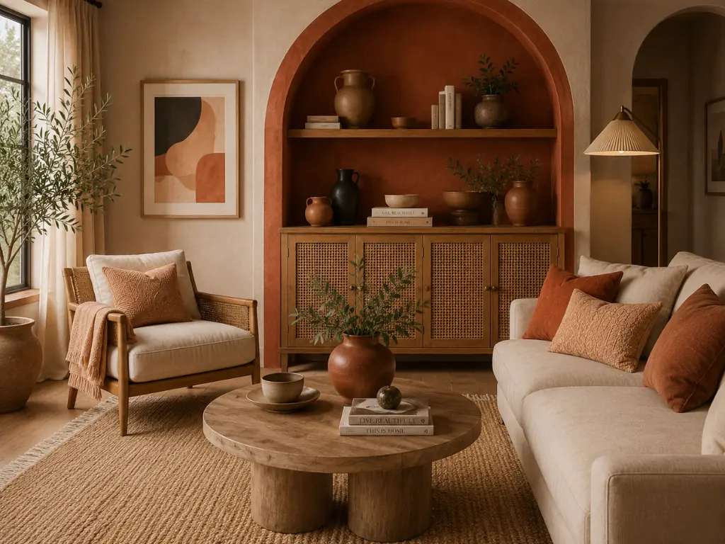 A terracotta modern living room focusing on a large sunset-orange arched display alcove above a woven cane credenza, a low round oak coffee table, and an earthy textured rug.