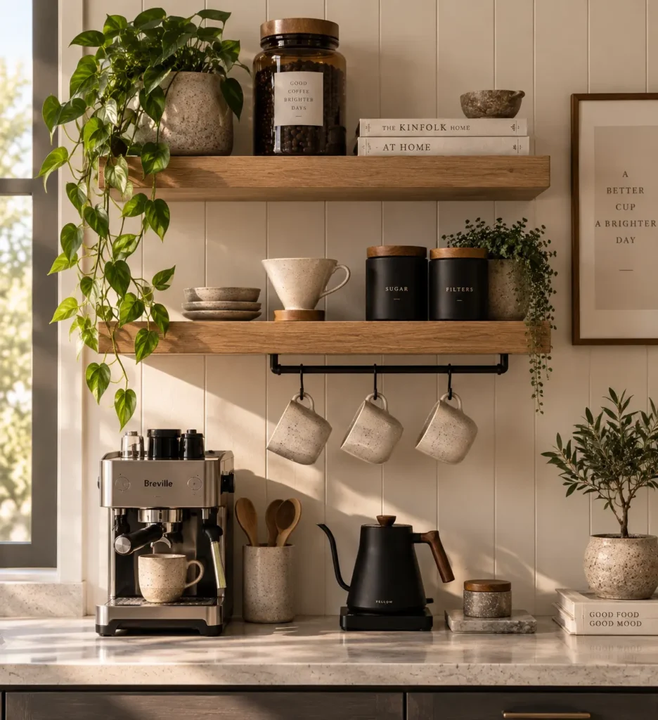 A vertical view of a home coffee station with floating oak shelves holding design books, storage canisters, and hanging mugs above an espresso machine, black gooseneck kettle, and trailing pothos plant.