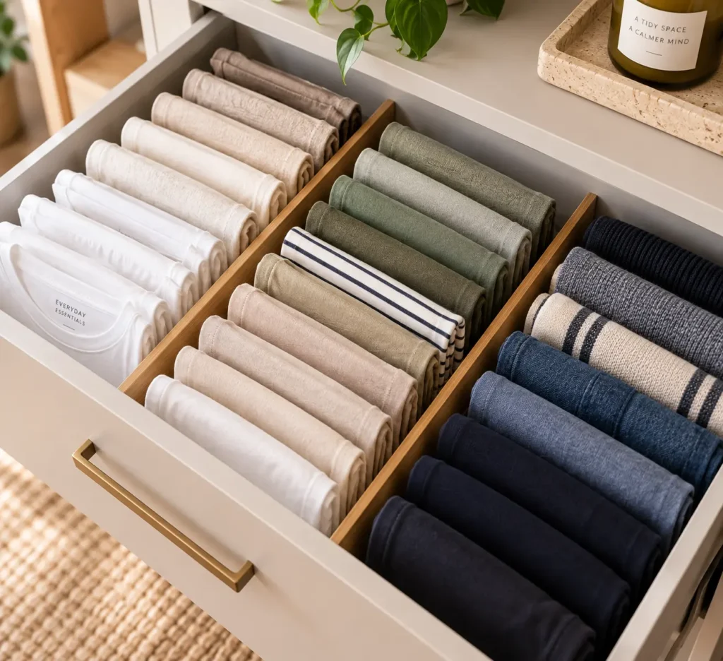 An open dresser drawer showcasing precise Marie Kondo style file-folding with t-shirts, knitwear, and denim organized neatly by tone in three rows using thin wooden dividers.