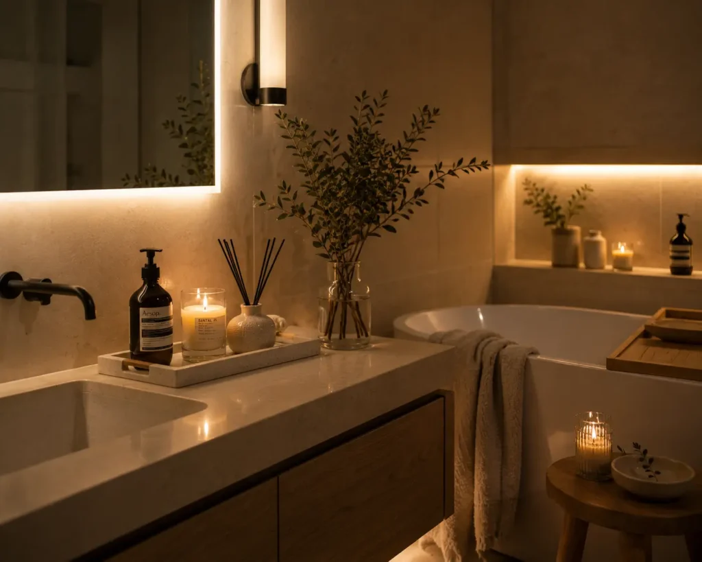 A luxury bathroom illuminated at dusk by a glowing backlit mirror and warm shelf lighting, featuring an amber glass bottle, a lit candle, a reed diffuser on a marble tray, and an inviting freestanding bathtub.
