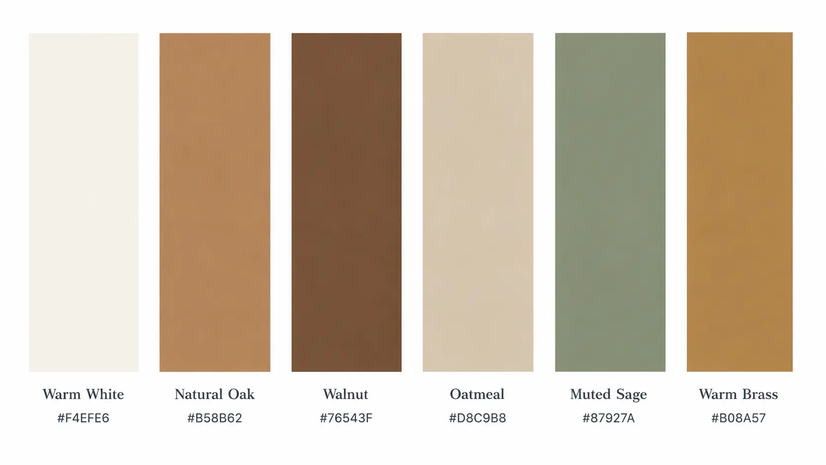 Warm and Cozy Living interior color combination featuring Warm White, Natural Oak, Walnut, Oatmeal, Muted Sage, and Warm Brass paint swatches.