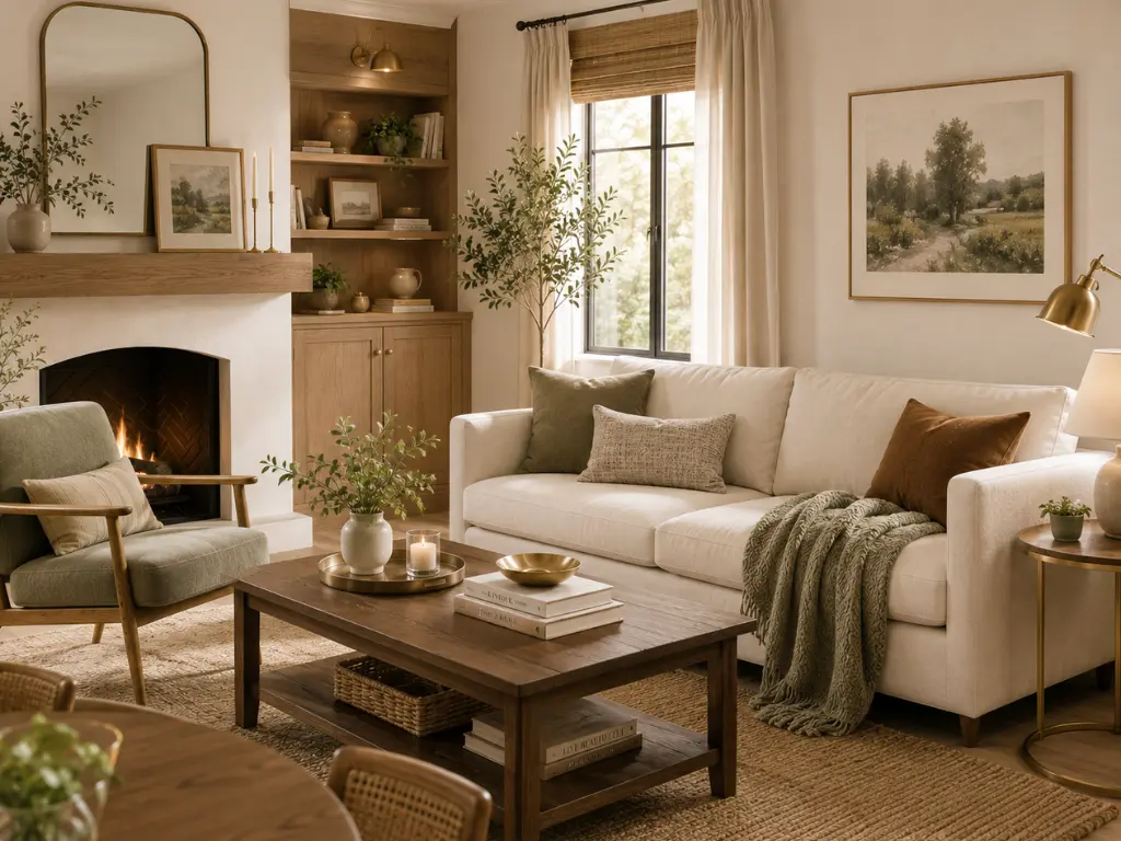 A warm and cozy living room filled with natural elements, showing a lit stone fireplace, medium oak wood shelving, an olive green accent chair, and a cream couch under soft warm lighting.