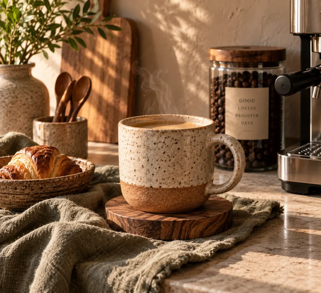 An intimate close-up lifestyle shot featuring a steaming, speckled ceramic coffee mug on a wooden coaster, paired with a flaky croissant in a textured stoneware bowl over a wrinkled green linen napkin.