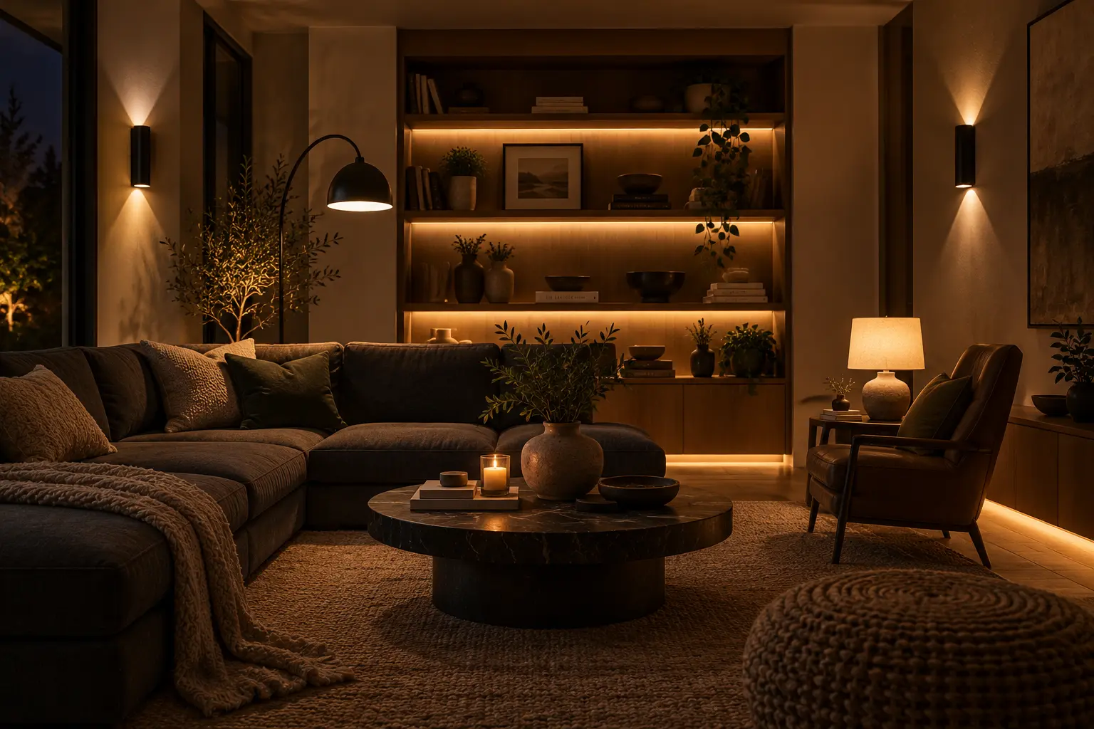 Cozy nighttime living room layout with warm ambient lighting from built-in bookshelf LED strips and wall sconces, showcasing a deep charcoal sectional sofa, a round marble coffee table, and an accent leather armchair.