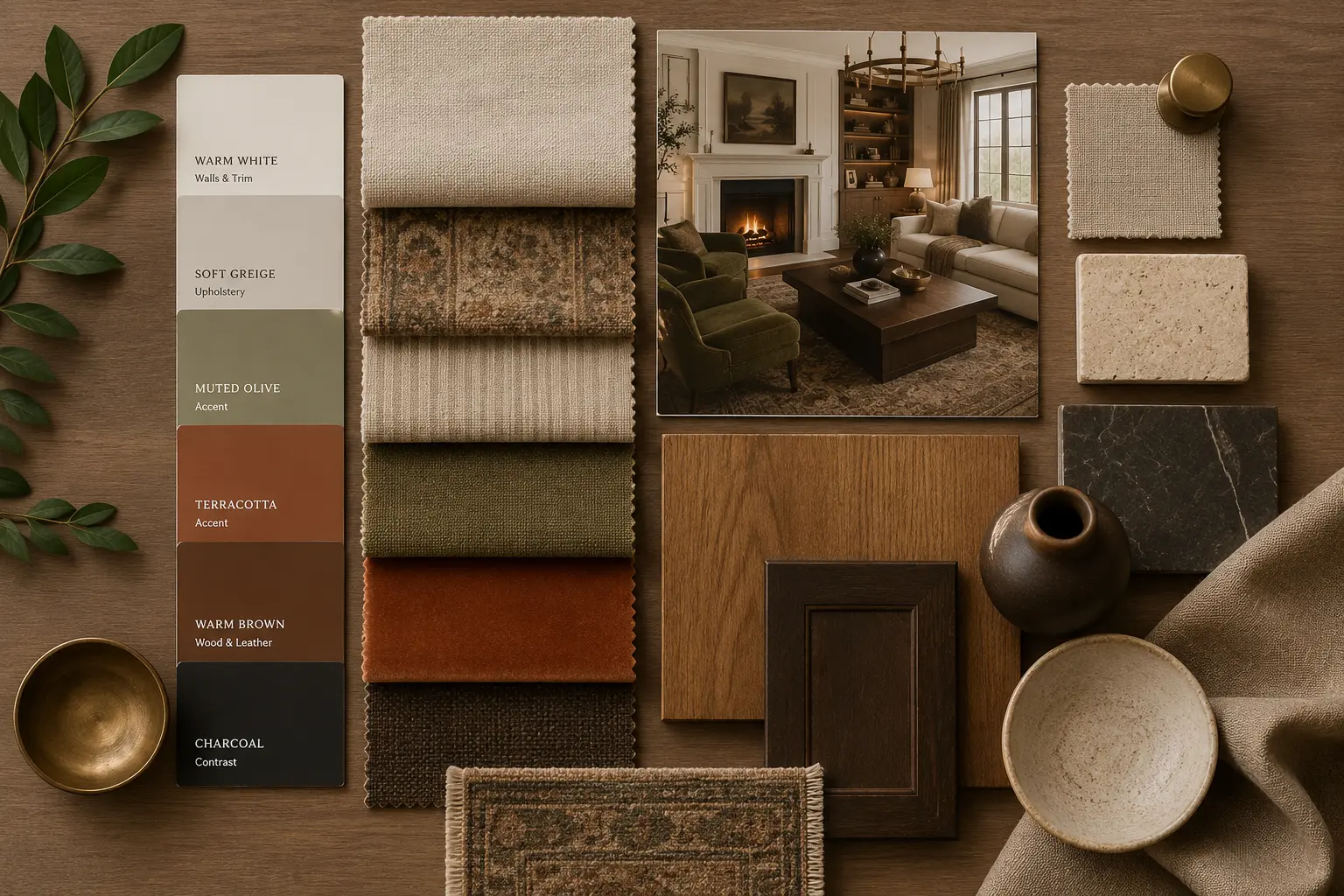 An interior design mood board flat lay featuring a palette card with warm white, soft greige, muted olive, terracotta, warm brown, and charcoal color swatches, styled alongside matching textile samples, wood finishes, limestone, veined black marble, and an editorial living room print.