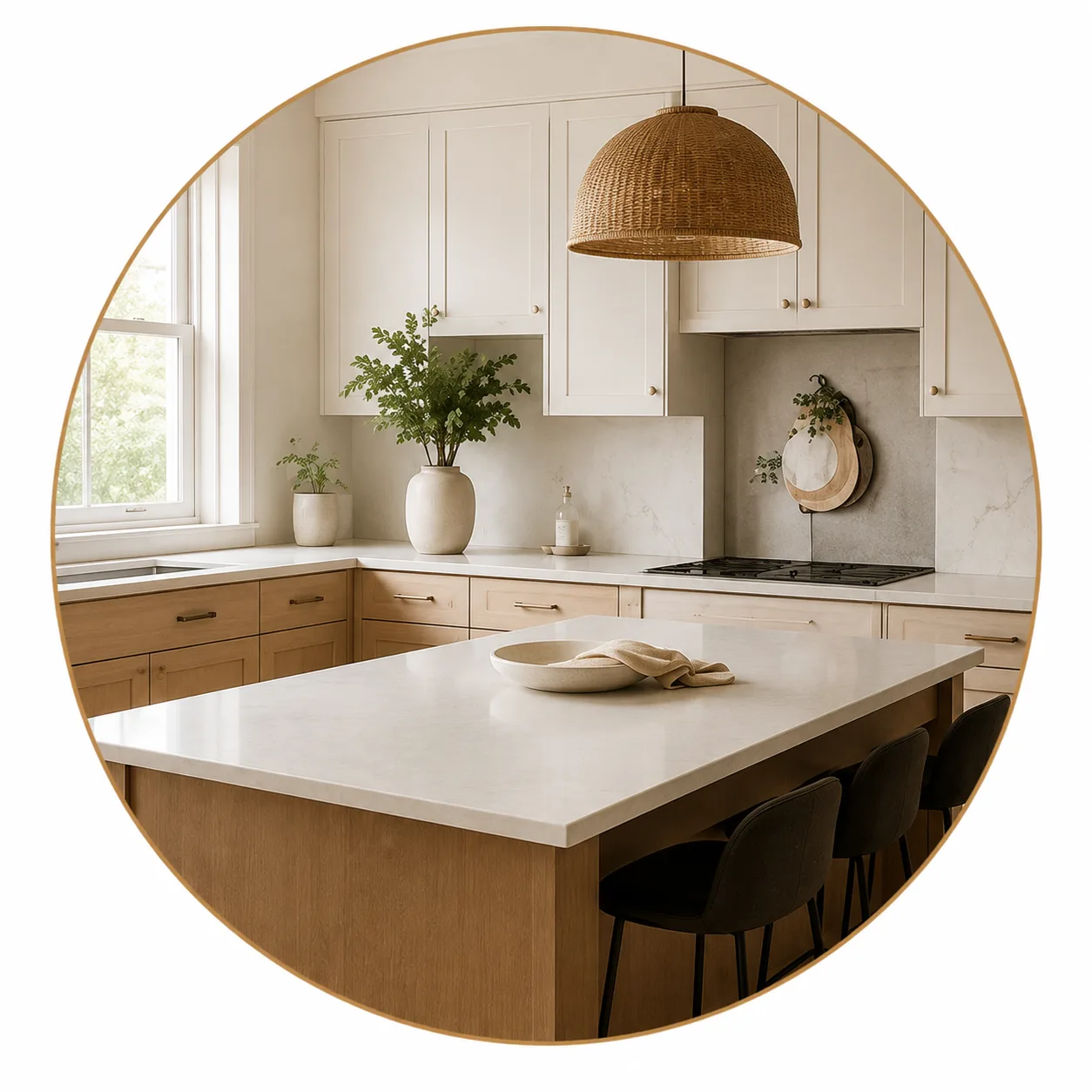 A bright, warm minimalist kitchen with white upper cabinets, light oak lower drawers, a large white quartz island, and a woven rattan pendant light.
