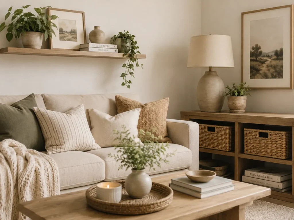Warm minimalist living room featuring a cream fabric sofa with earth-toned throw pillows, a rustic wooden coffee table with a candle tray, and a floating wood shelf decorated with potted plants.